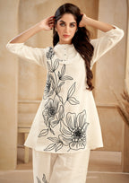 White Bold Floral Embroidered Chinon Wide-Leg Set