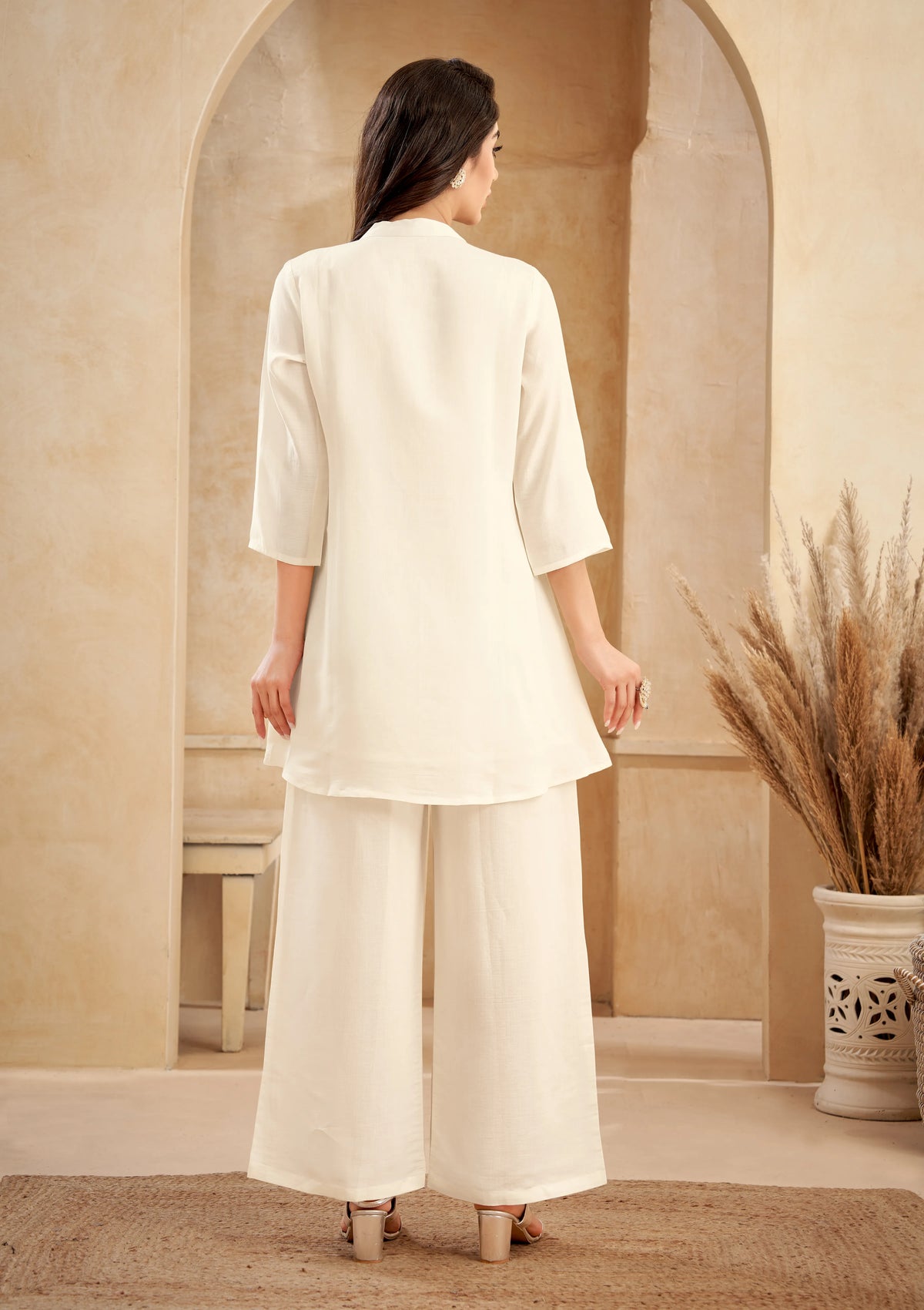 White Bold Floral Embroidered Chinon Wide-Leg Set