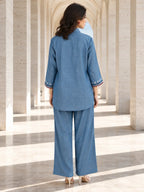Light Blue Geometric Embroidered Denim Shirt & Pant Set