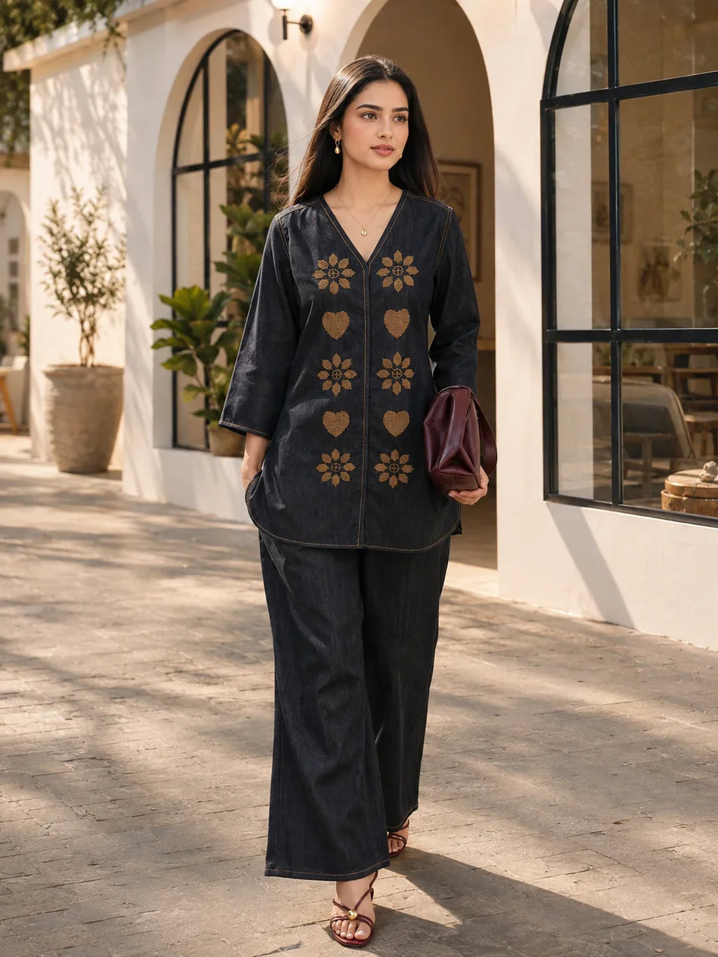 Charcoal Denim Cross-Stitch Embroidered Co-ord Set