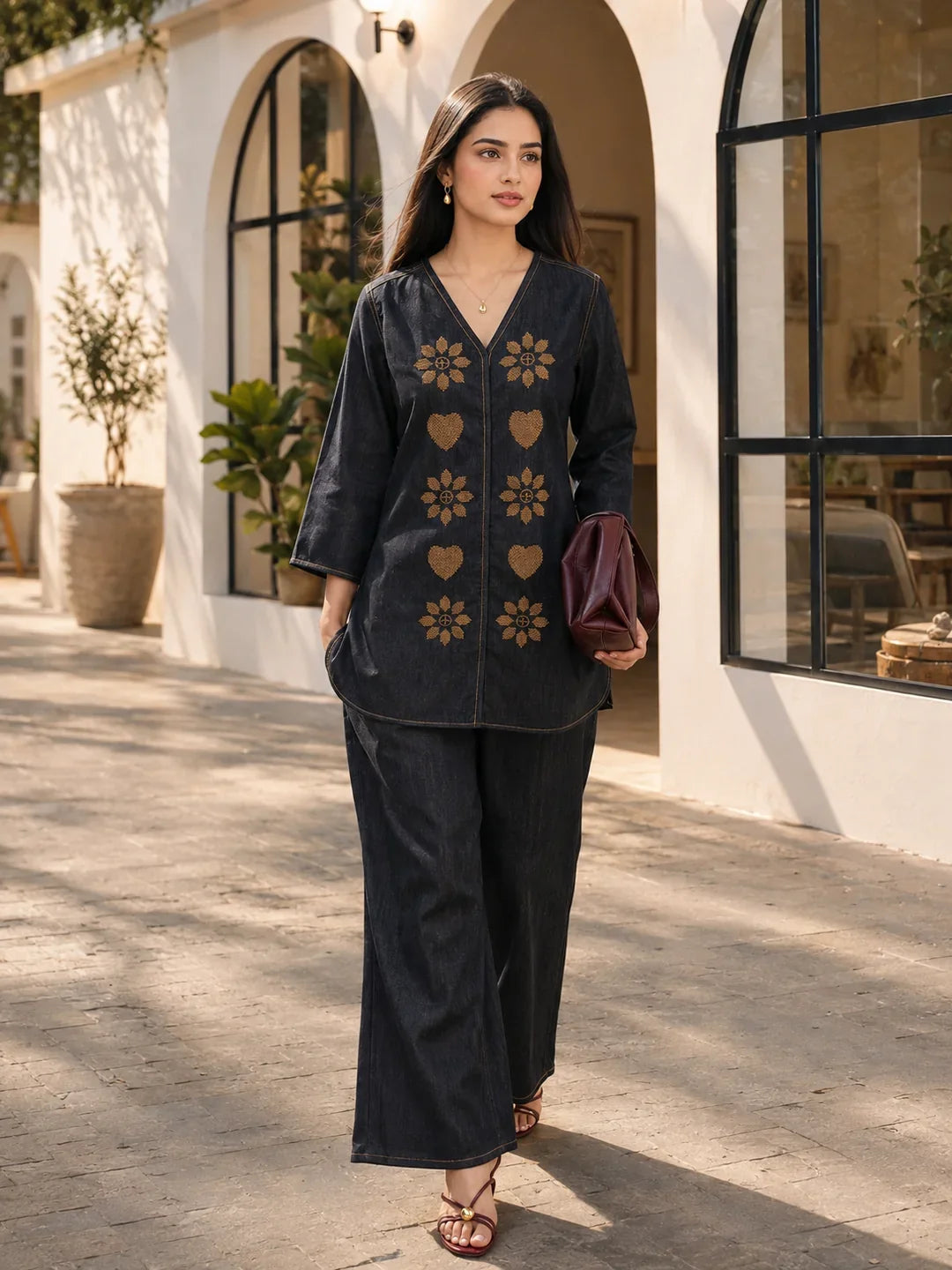 Charcoal Denim Cross-Stitch Embroidered Co-ord Set