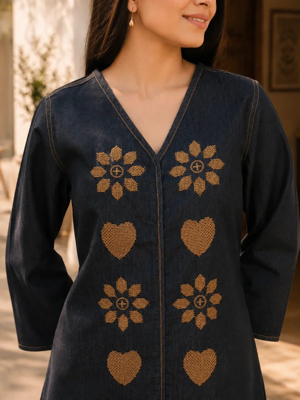 Charcoal Denim Cross-Stitch Embroidered Co-ord Set