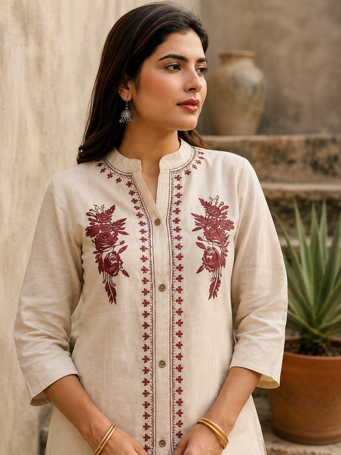 Beige & Maroon Embroidered Cotton Flex Co-ord Set