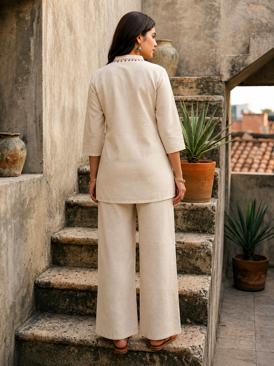 Beige & Maroon Embroidered Cotton Flex Co-ord Set