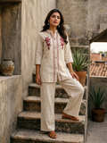 Beige & Maroon Embroidered Cotton Flex Co-ord Set