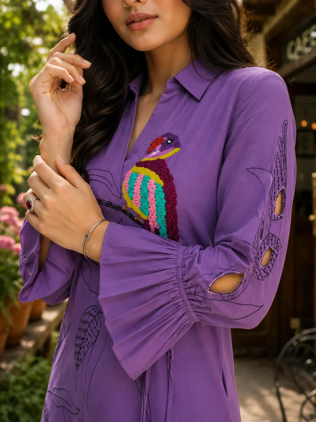 Purple 3D Floral Threadwork Muslin Tunic Set