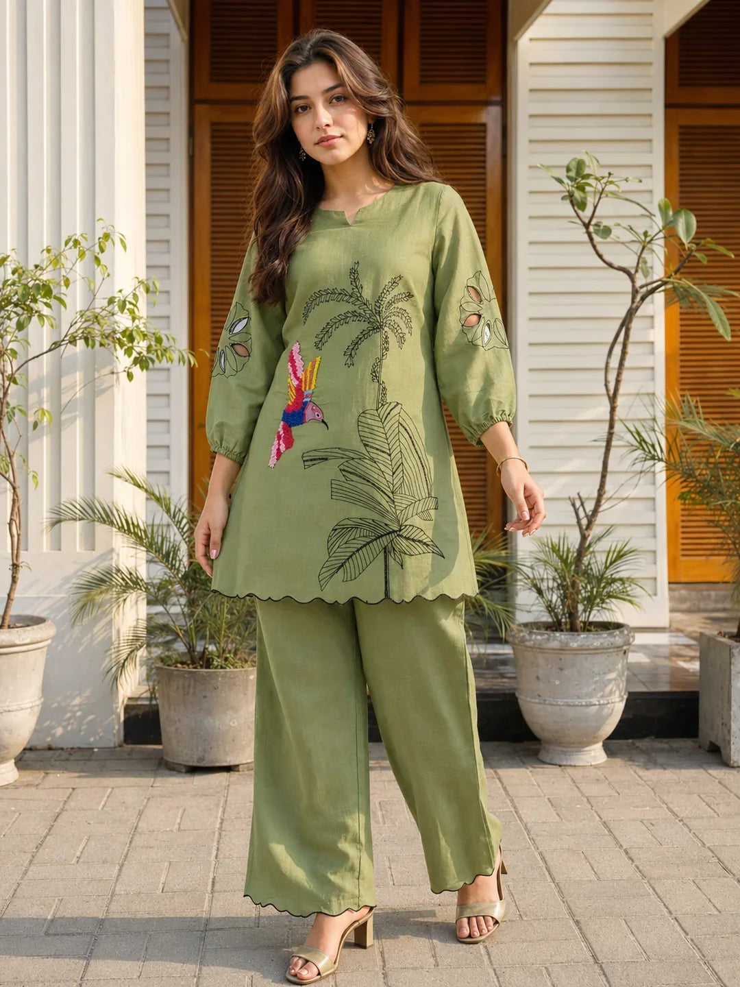 Green Floral Embroidered Muslin Tunic & Trouser Set