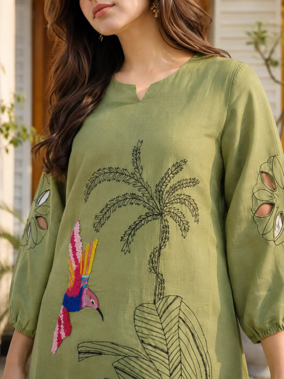 Green Floral Embroidered Muslin Tunic & Trouser Set