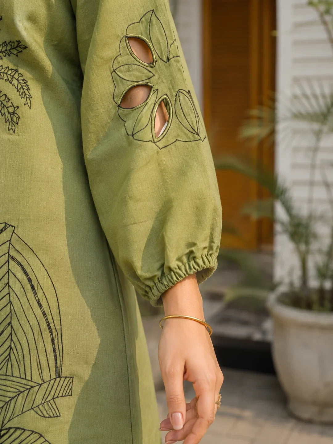 Green Floral Embroidered Muslin Tunic & Trouser Set