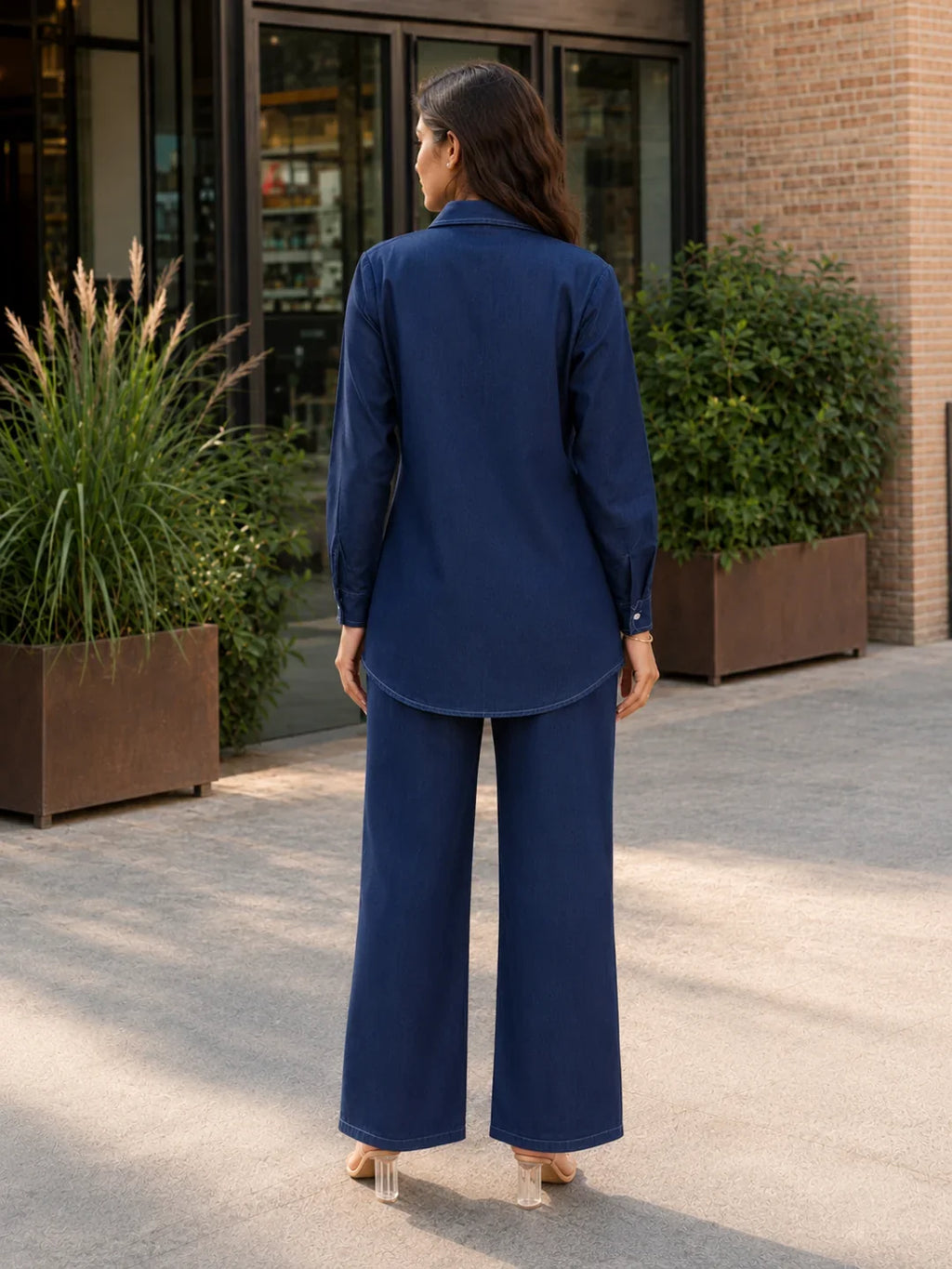Navy Denim Floral Embroidered Shirt & Pant Set