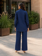 Navy Denim Floral Embroidered Shirt & Pant Set