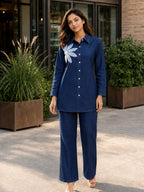 Navy Denim Floral Embroidered Shirt & Pant Set