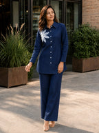Navy Denim Floral Embroidered Shirt & Pant Set
