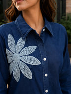 Navy Denim Floral Embroidered Shirt & Pant Set