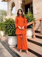 Tangerine Embroidered Rayon Co-ord Set with Lace Accents