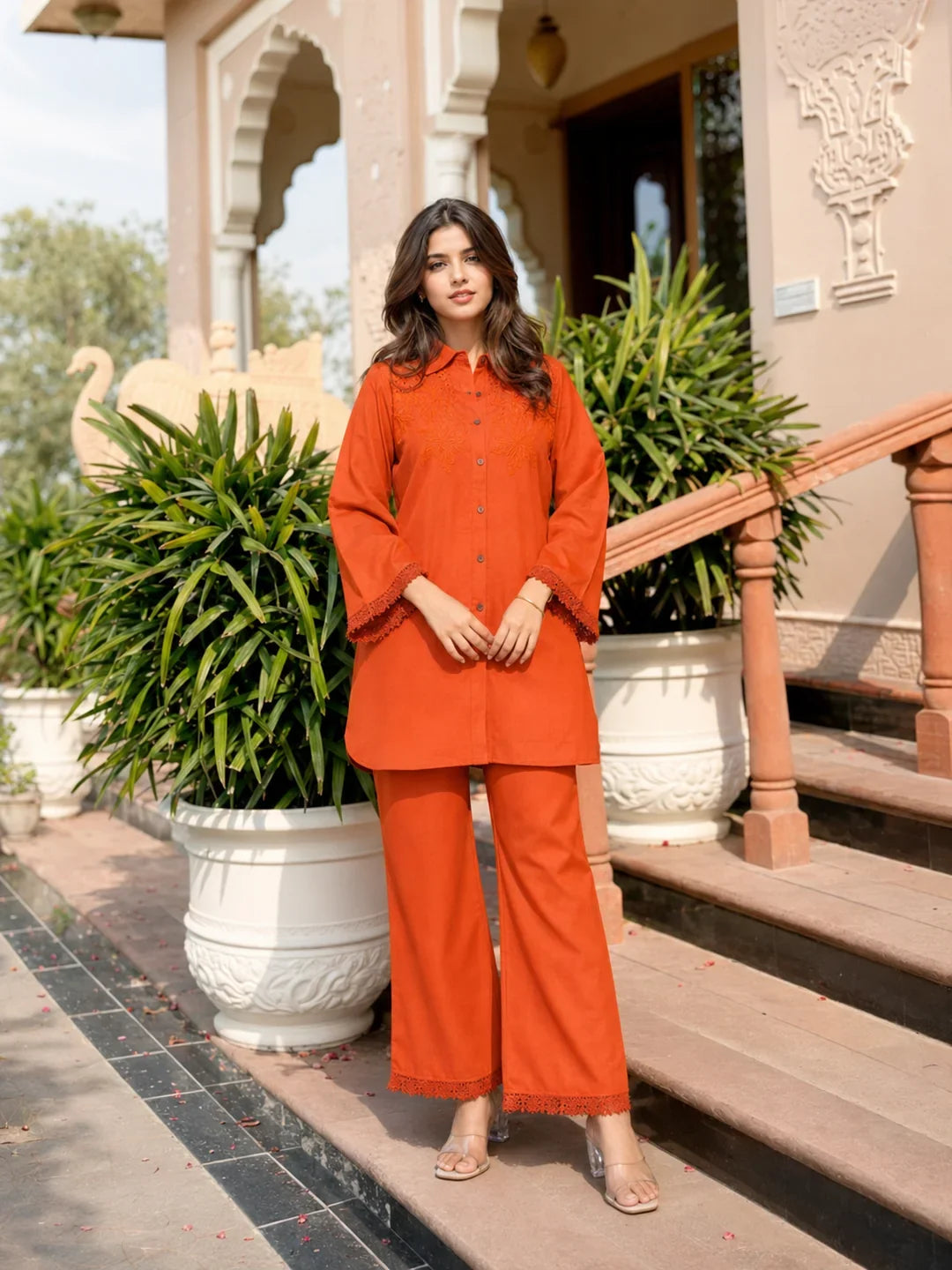 Tangerine Embroidered Rayon Co-ord Set with Lace Accents