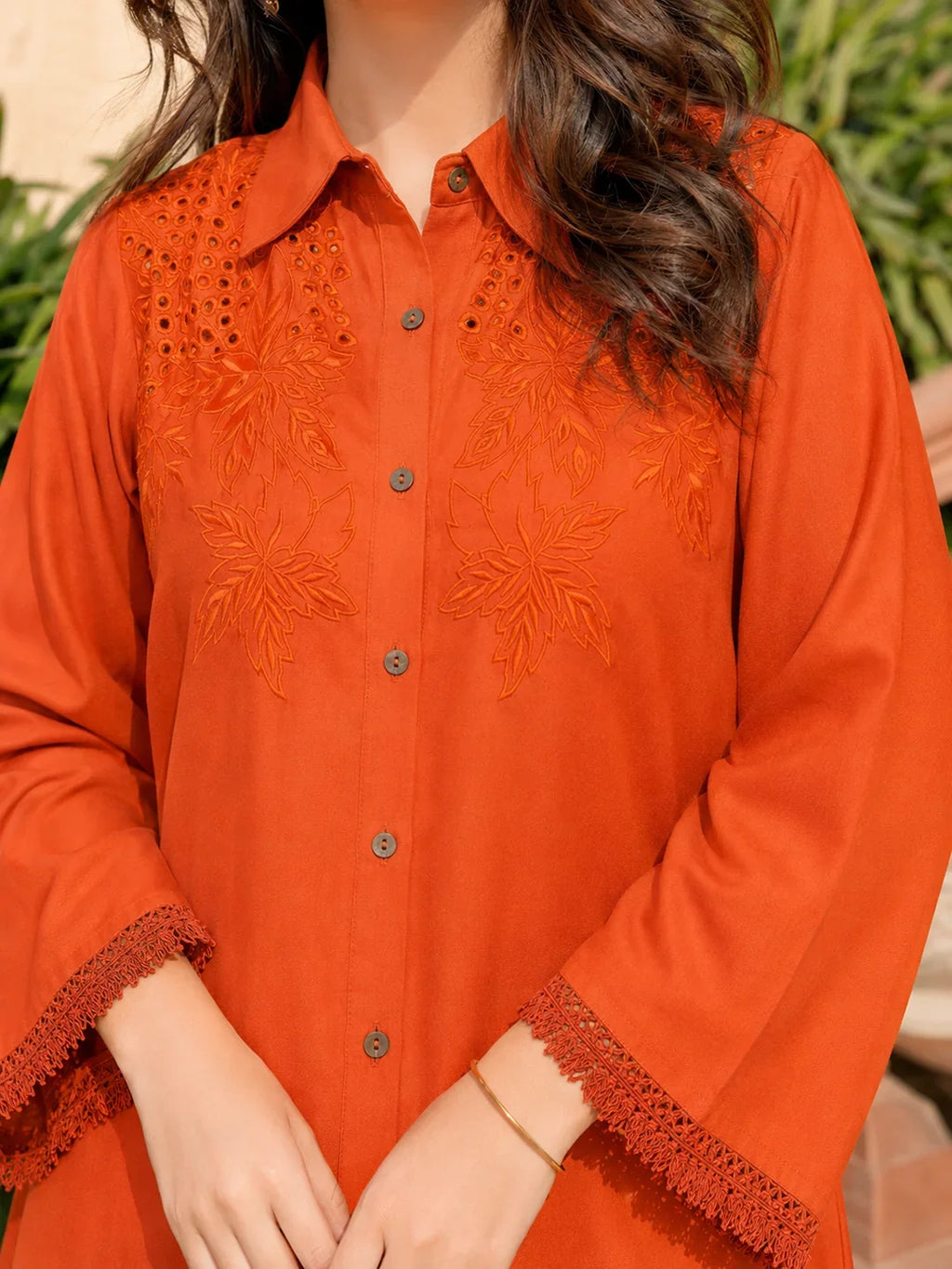 Tangerine Embroidered Rayon Co-ord Set with Lace Accents