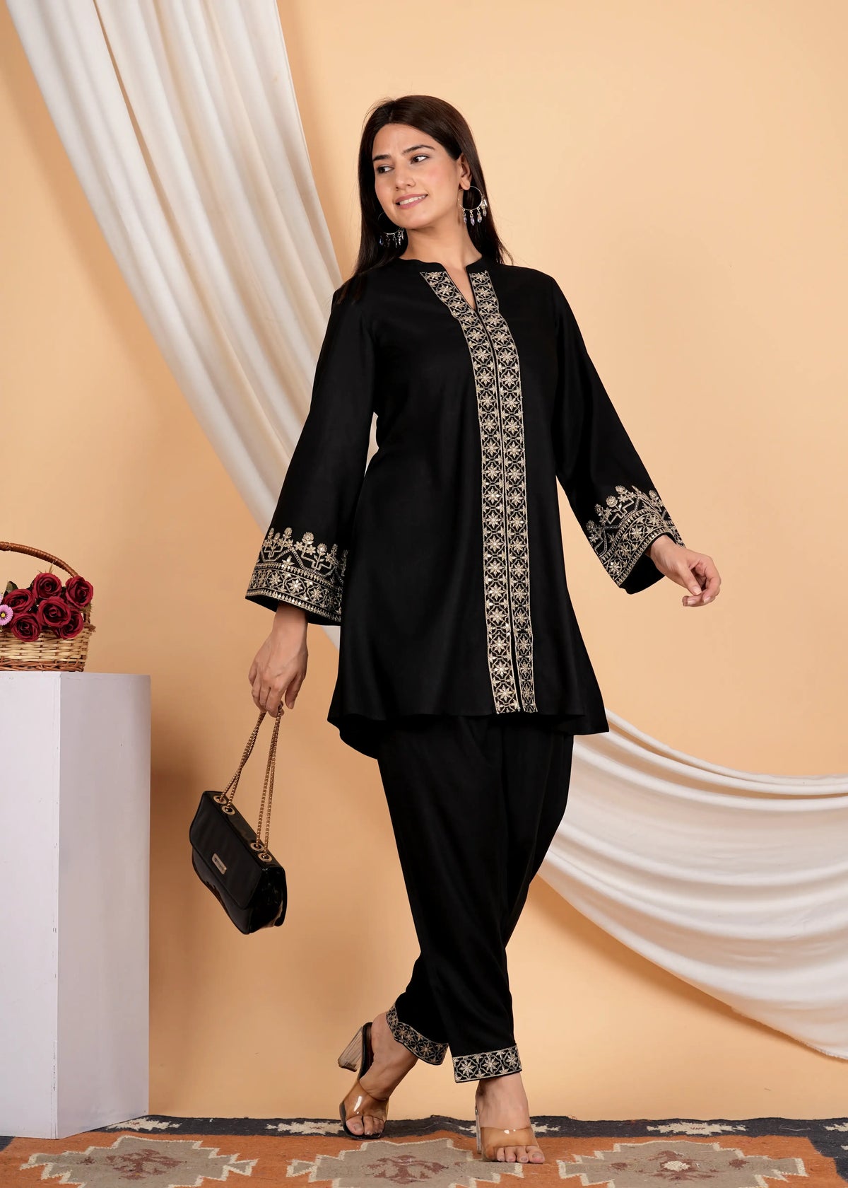 Black Golden Lurex Embroidered Cotton Co-ord Set