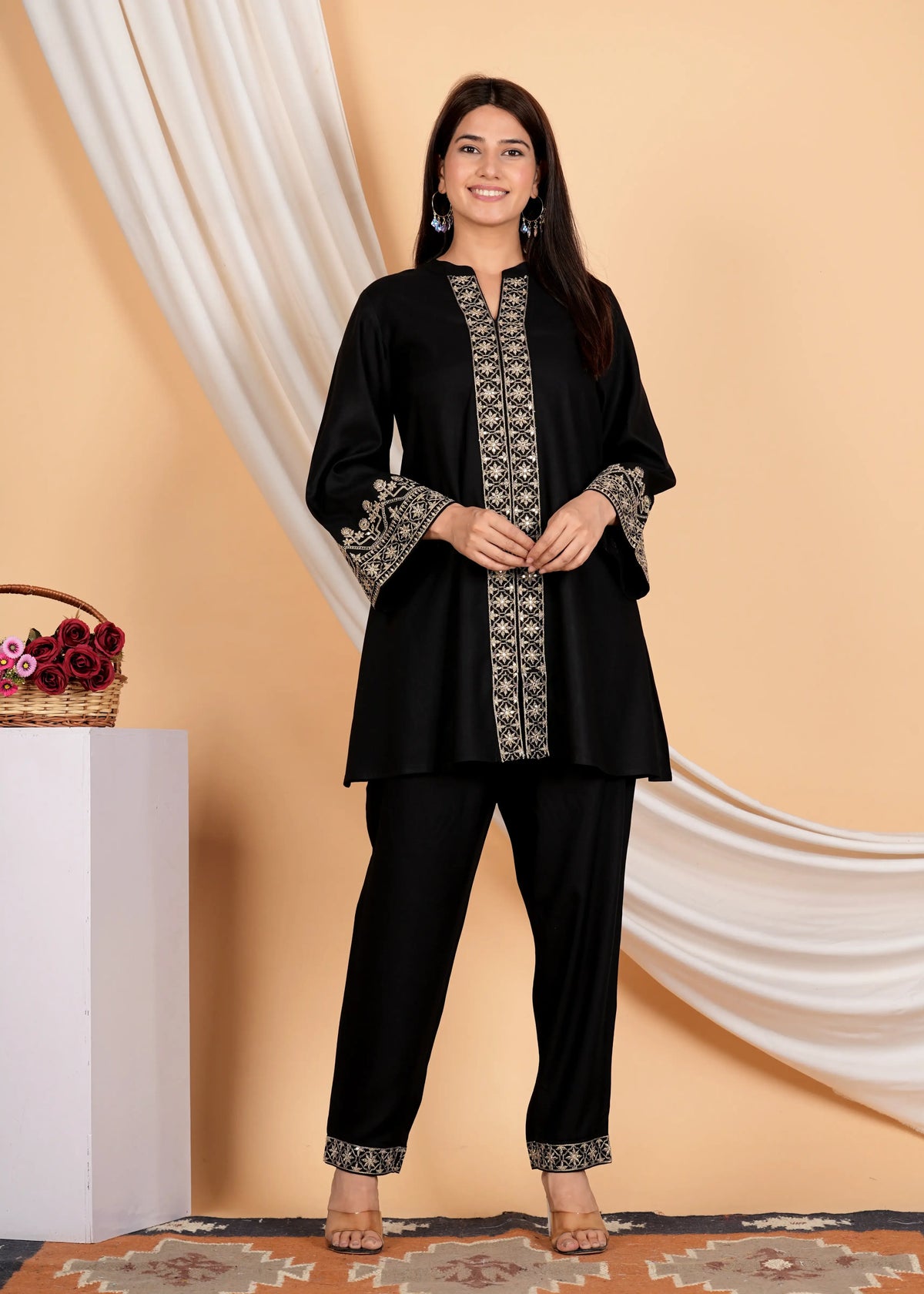 Black Golden Lurex Embroidered Cotton Co-ord Set