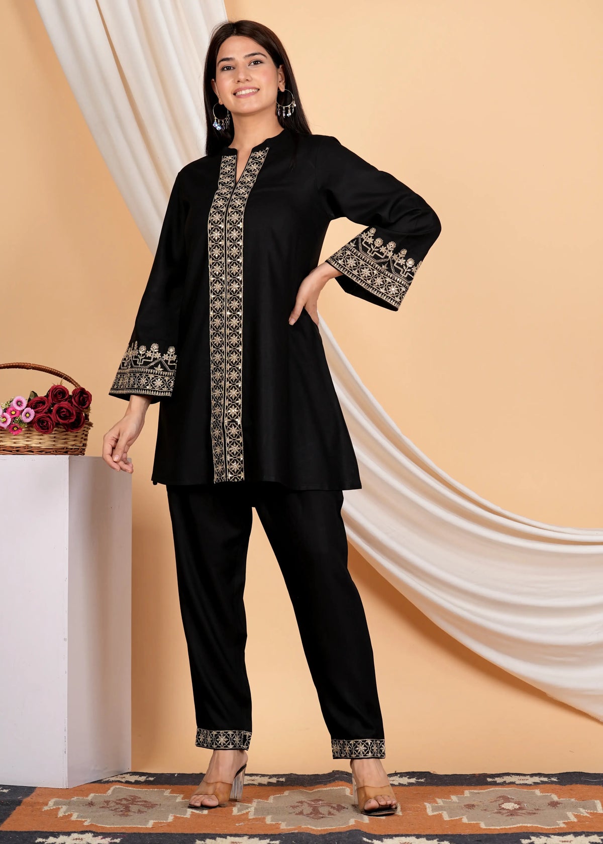 Black Golden Lurex Embroidered Cotton Co-ord Set