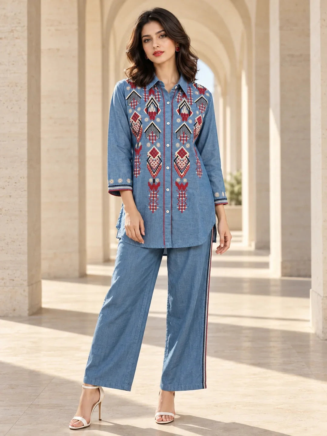 Light Blue Geometric Embroidered Denim Shirt & Pant Set