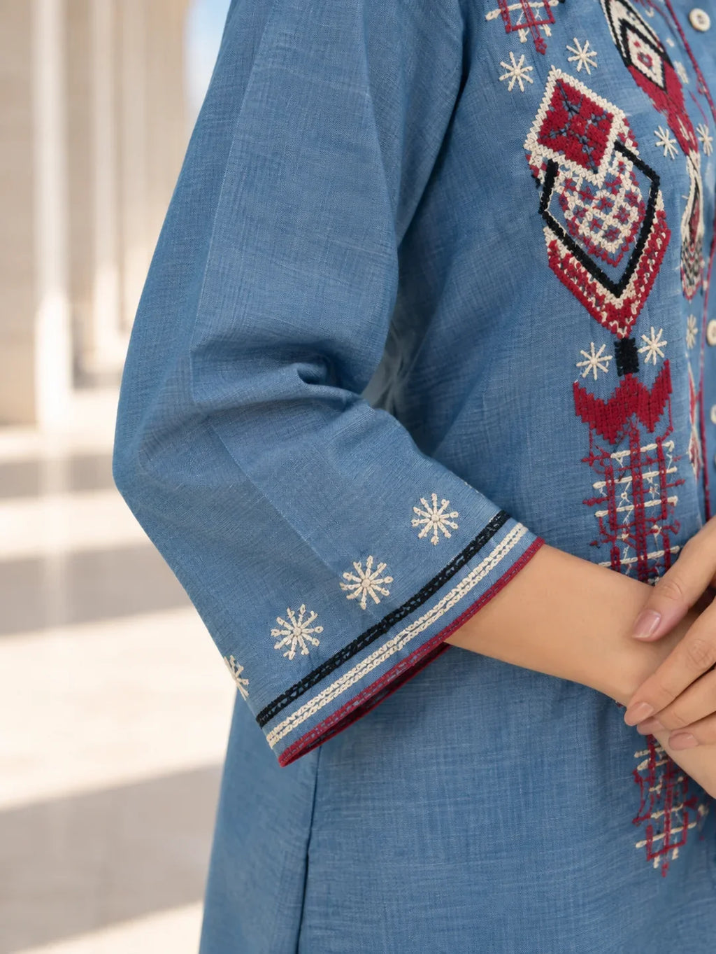 Light Blue Geometric Embroidered Denim Shirt & Pant Set