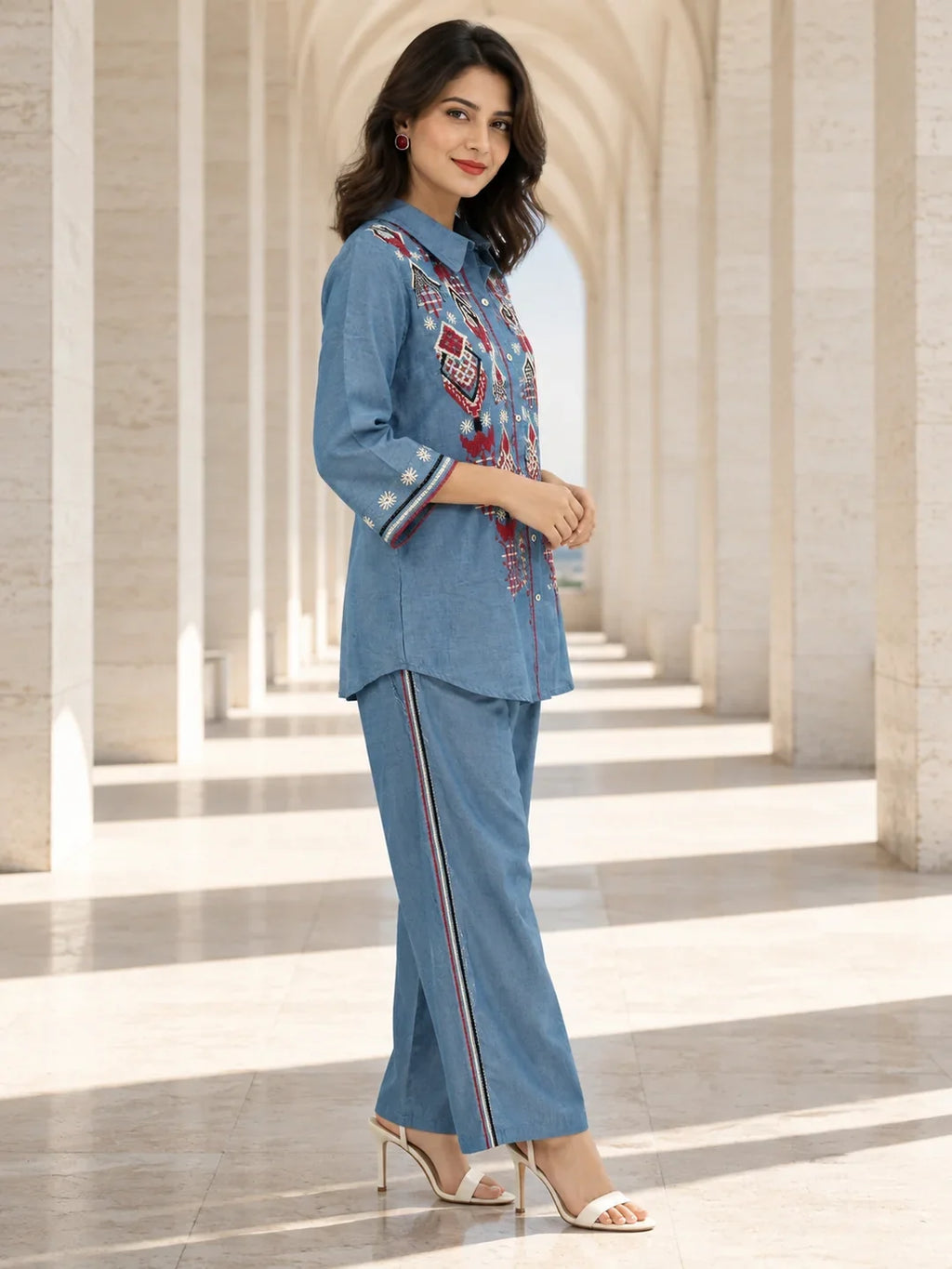 Light Blue Geometric Embroidered Denim Shirt & Pant Set