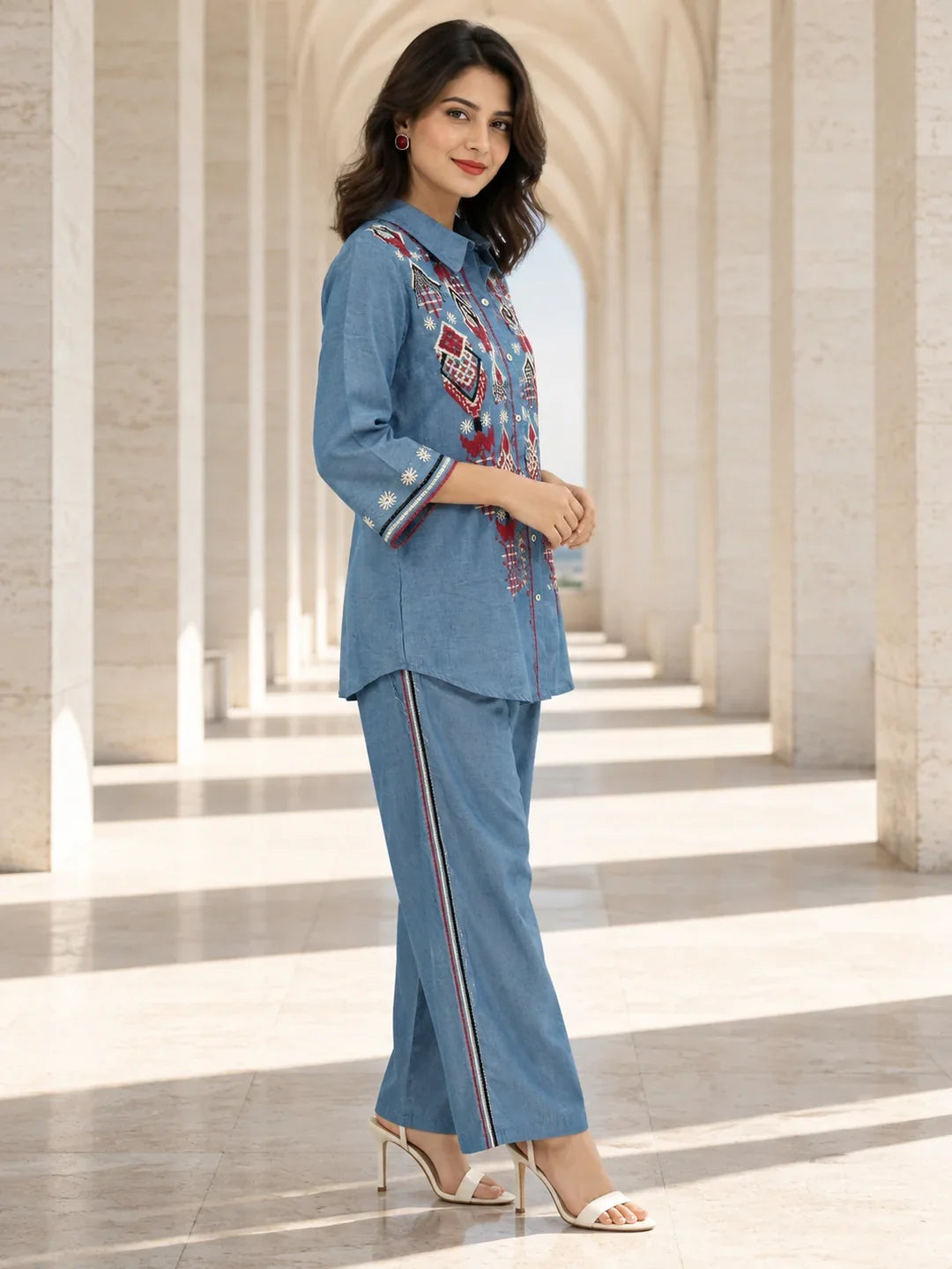 Light Blue Geometric Embroidered Denim Shirt & Pant Set