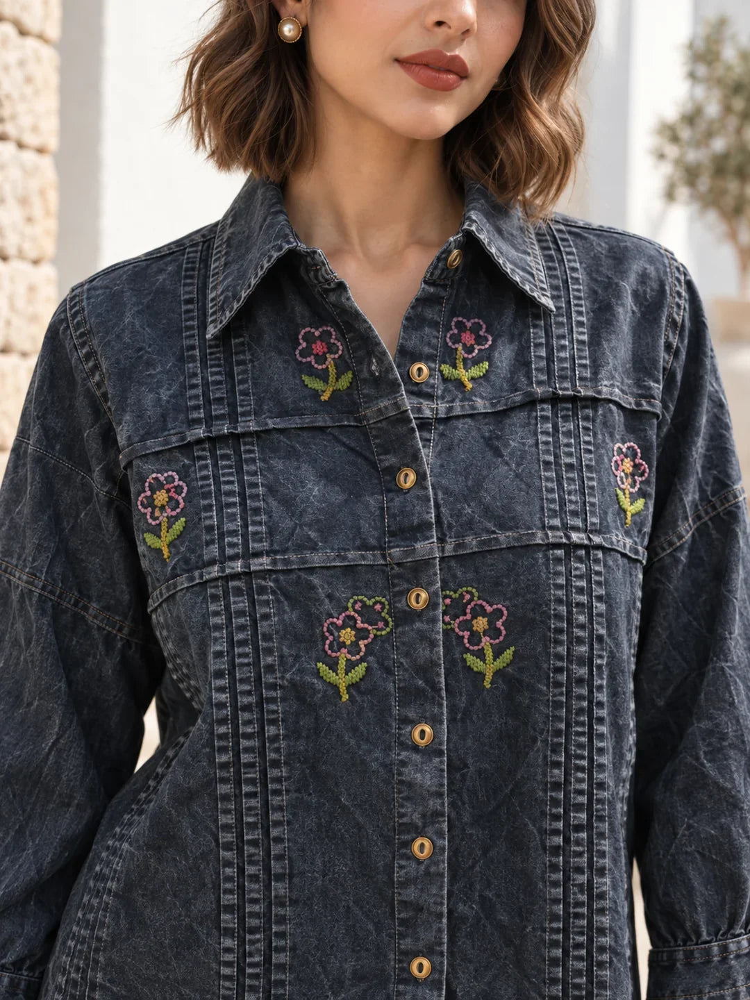 Washed Grey Denim Pintuck Floral Embroidered Set