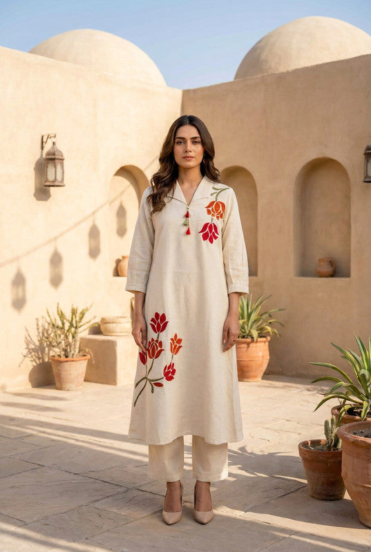 Off-White Floral Embroidered Cotton Flex Co-ord Set