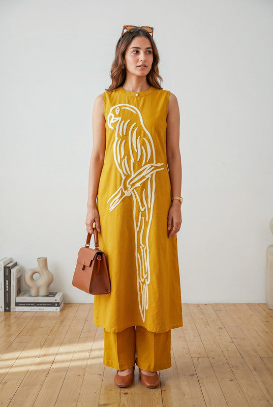 Mustard bird embroidered sleeveless co-ord set