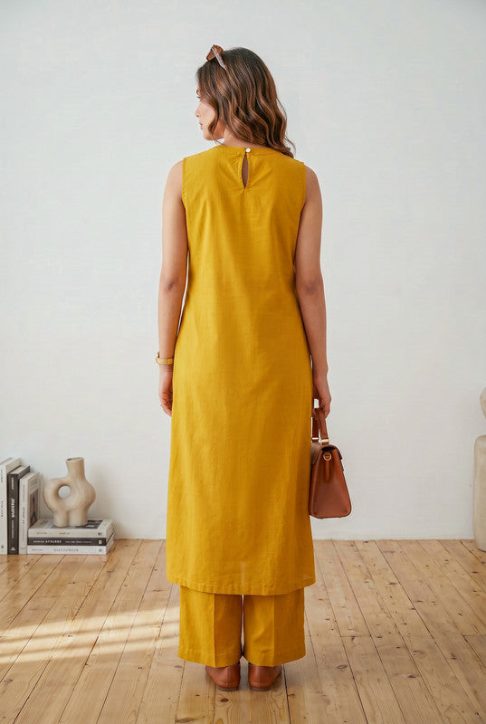 Mustard bird embroidered sleeveless co-ord set