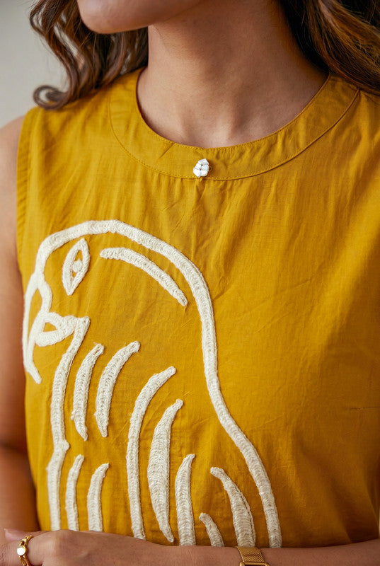Mustard bird embroidered sleeveless co-ord set