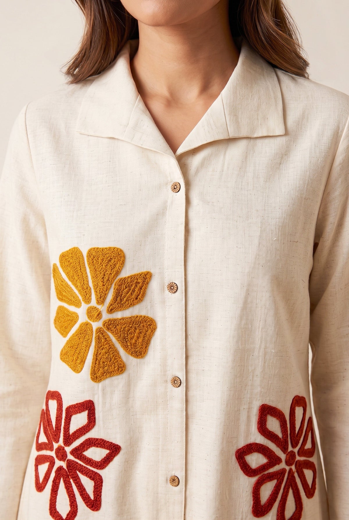 Ivory floral appliqué shirt and palazzo set