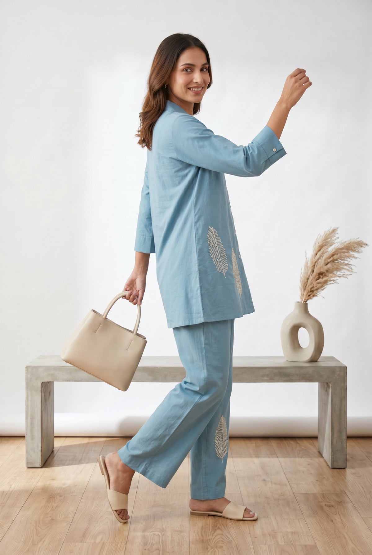 Sky Blue Leaf Embroidered Tunic & Trouser Co-ord Set