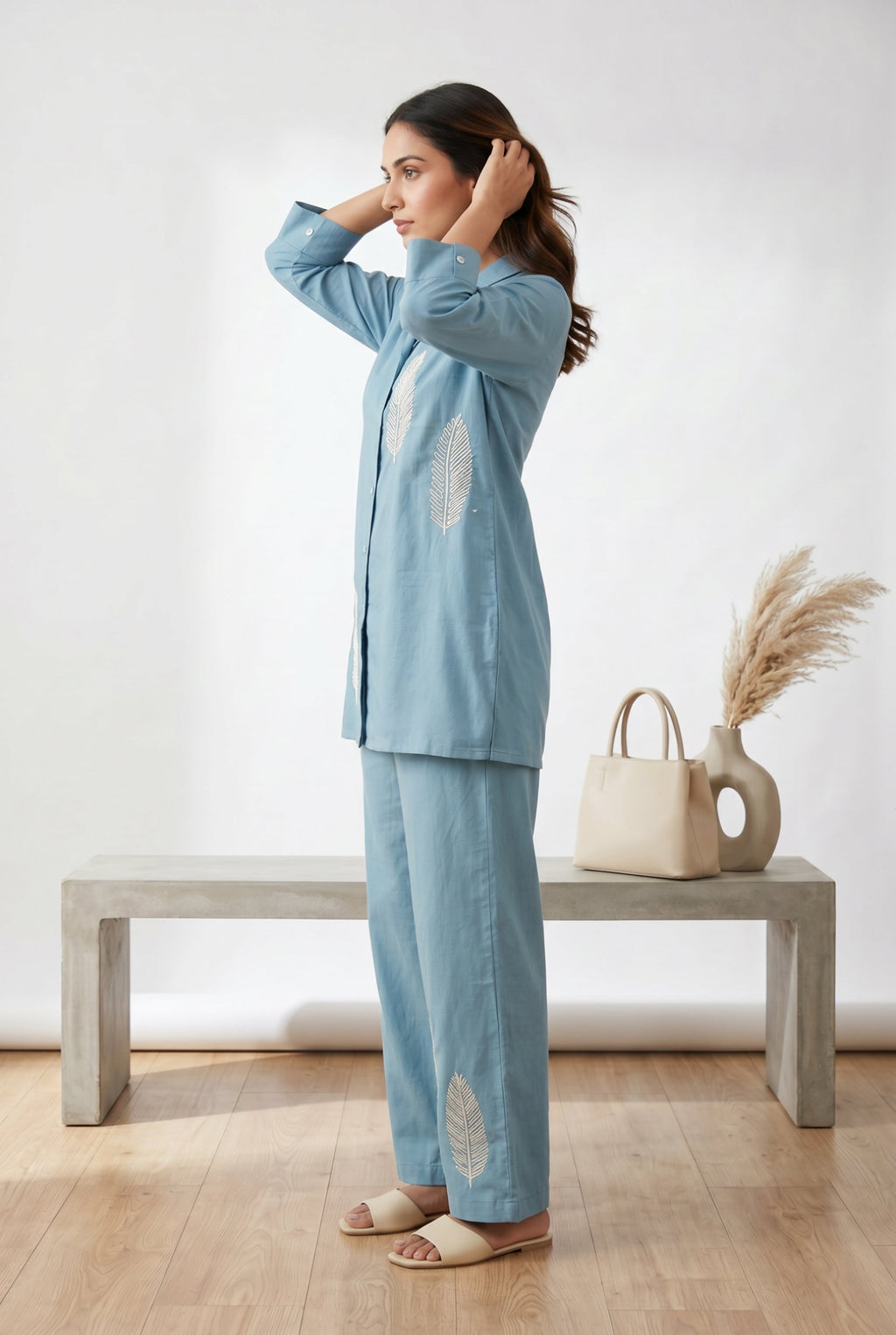 Sky Blue Leaf Embroidered Tunic & Trouser Co-ord Set