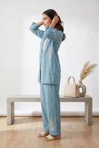 Sky Blue Leaf Embroidered Tunic & Trouser Co-ord Set