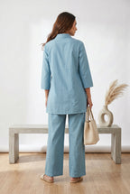 Sky Blue Leaf Embroidered Tunic & Trouser Co-ord Set
