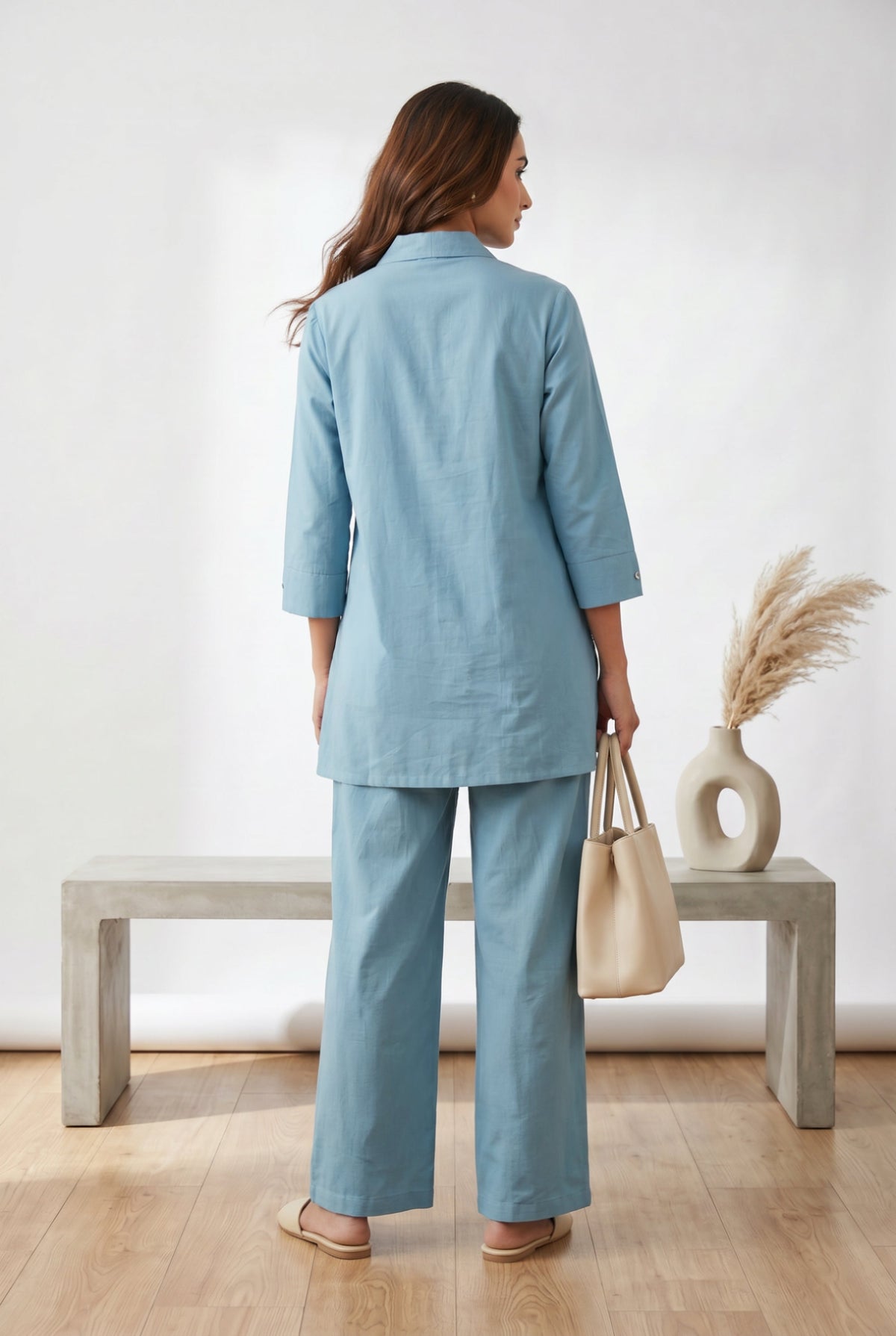 Sky Blue Leaf Embroidered Tunic & Trouser Co-ord Set