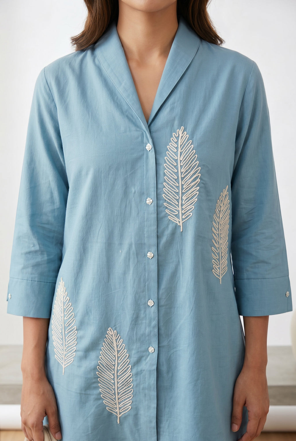 Sky Blue Leaf Embroidered Tunic & Trouser Co-ord Set