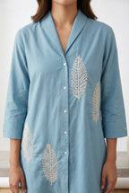Sky Blue Leaf Embroidered Tunic & Trouser Co-ord Set