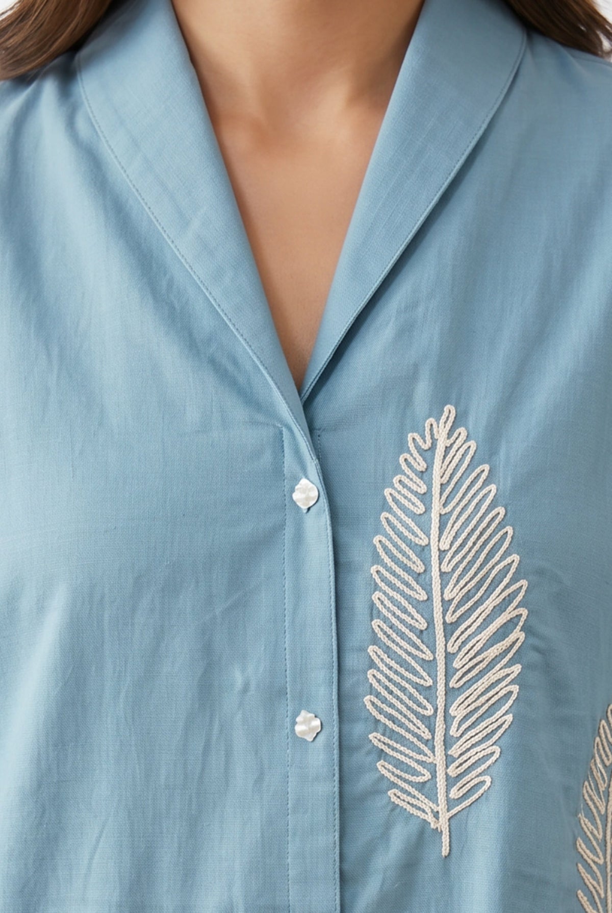 Sky Blue Leaf Embroidered Tunic & Trouser Co-ord Set