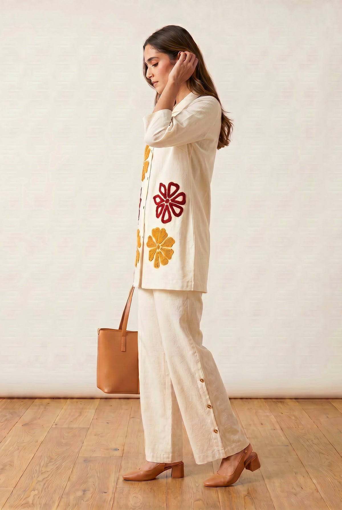 Ivory floral appliqué shirt and palazzo set