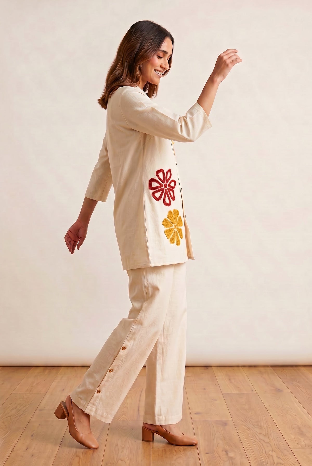 Ivory floral appliqué shirt and palazzo set