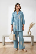 Sky Blue Leaf Embroidered Tunic & Trouser Co-ord Set