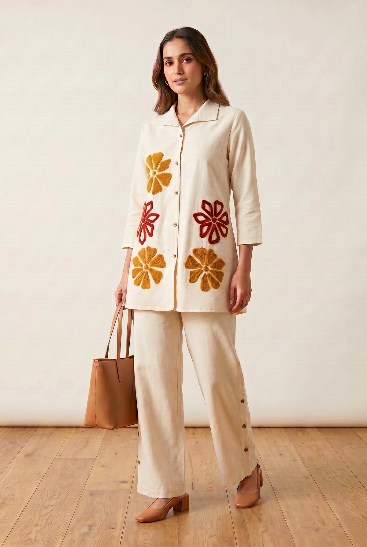 Ivory floral appliqué shirt and palazzo set