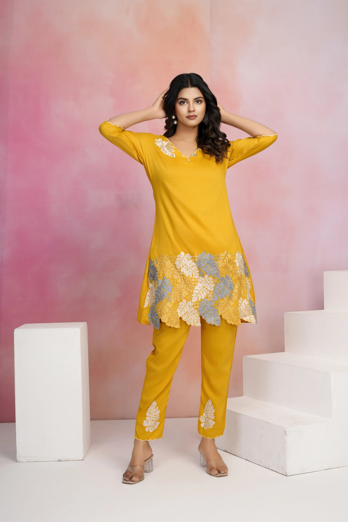 Mustard Scalloped V-Neck Threadwork Chinon Set
