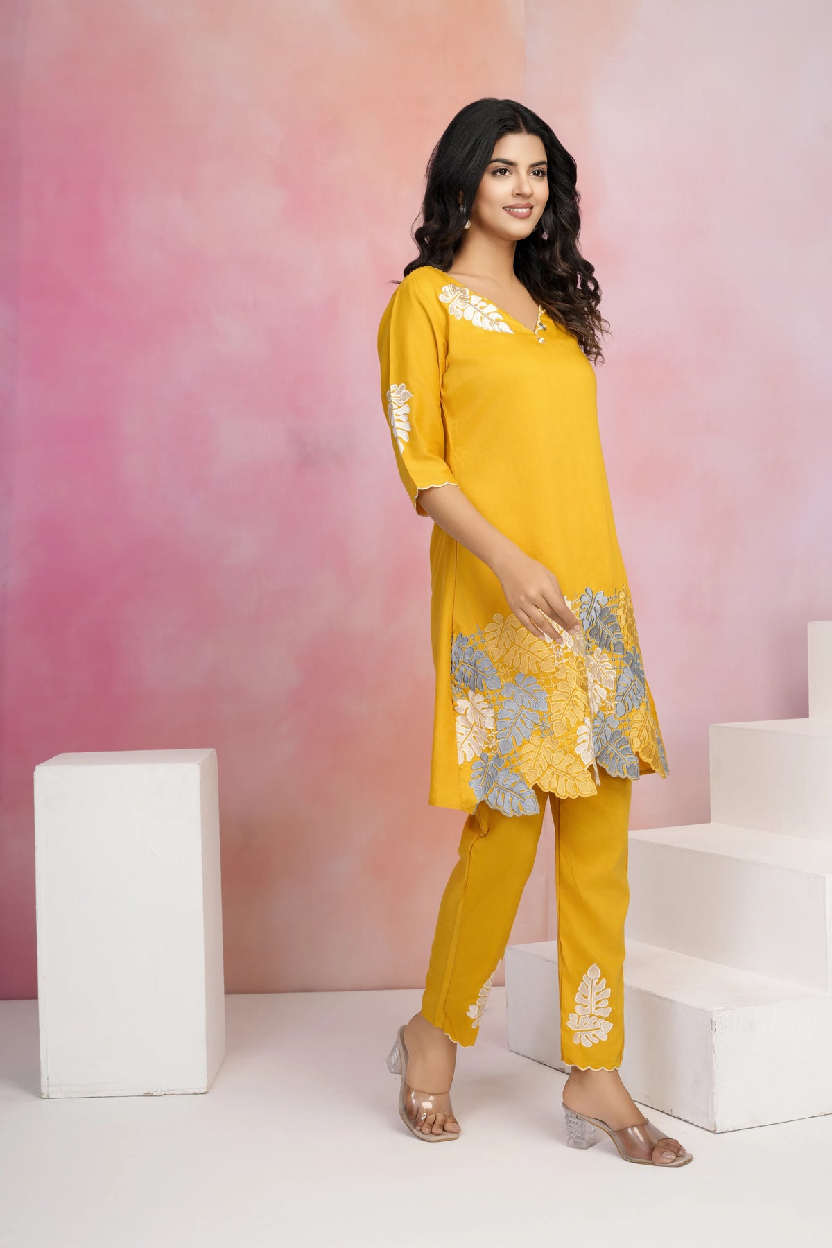 Mustard Scalloped V-Neck Threadwork Chinon Set