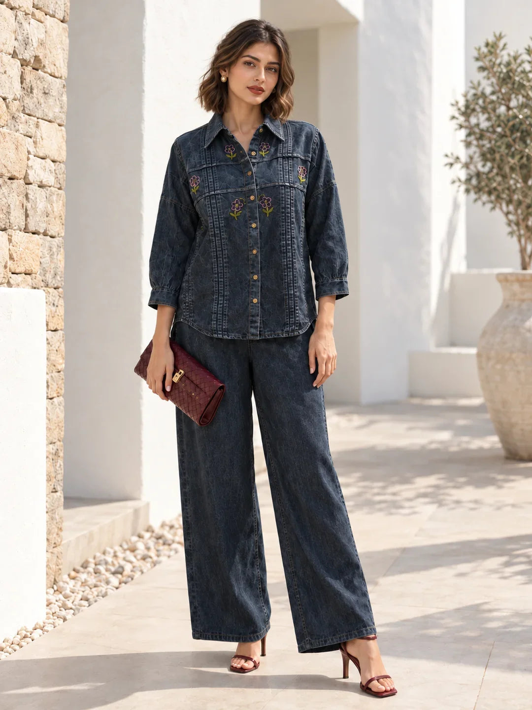 Washed Grey Denim Pintuck Floral Embroidered Set