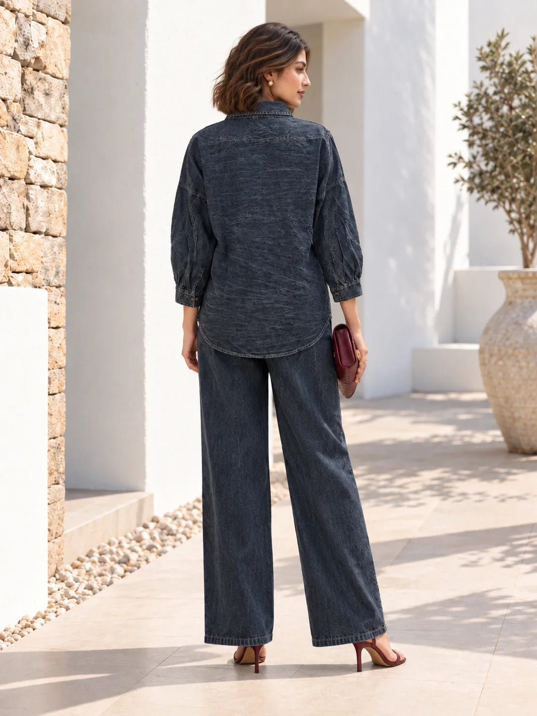 Washed Grey Denim Pintuck Floral Embroidered Set